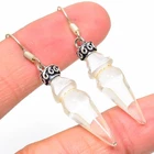 Natural Crystal Quartz 925 Sterling Silver Long Earrings Clear Gemstone a930