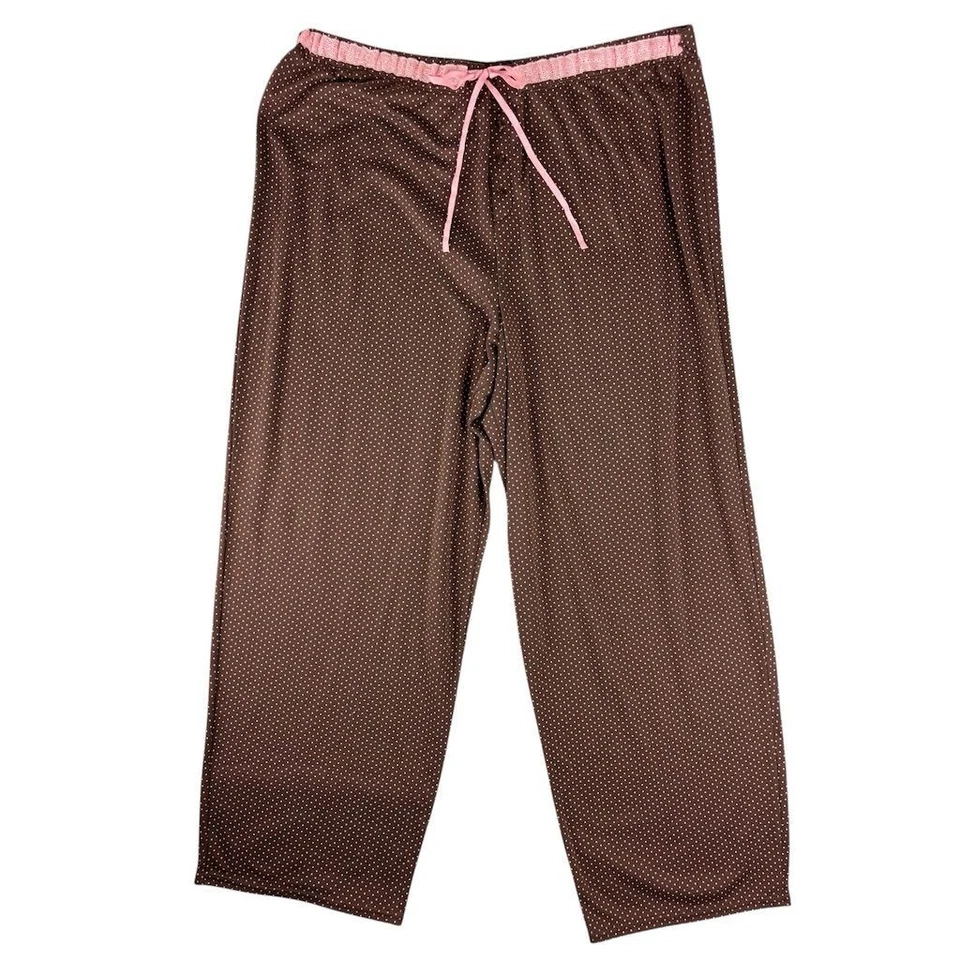 Y2K Liz Claiborne женщин L коричневый розовый горошек пижамы брюки бант кружева Cottagecore - Изображение 2 из 4