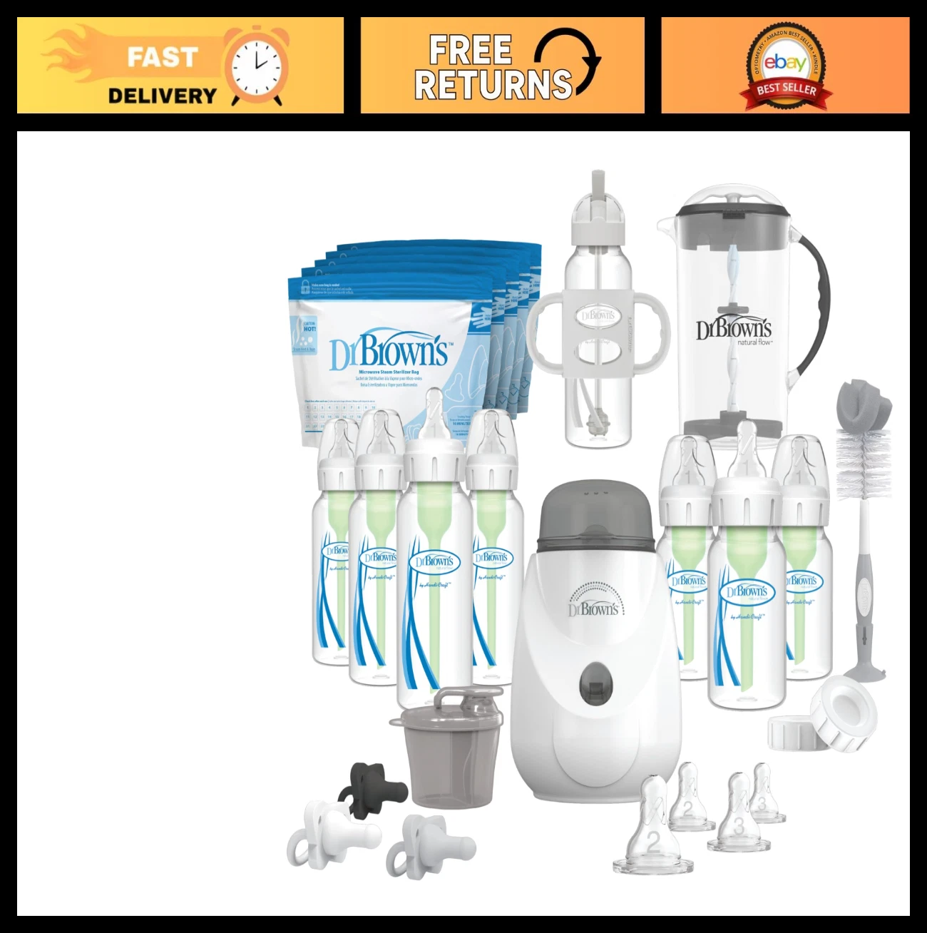 Anti-Colic Baby Bottle Gift Set with Warmer, Pacifiers, Cleaning Brush & Dispens