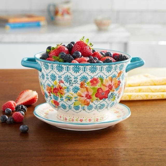 The Pioneer Woman Wildflower Whimsy 8.25 in Ceramic Colander with Drip Plate