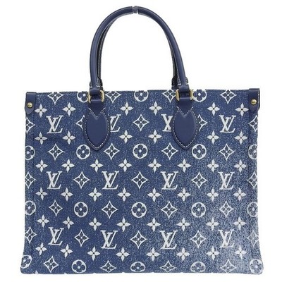 Louis Vuitton Onthego MM Tote Bag Denim Blue M59608 Monogram Purse Auth LV New