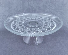 Vintage Federal Glass Clear Windsor Button and Cane Pedestal Cake Stand 11" 