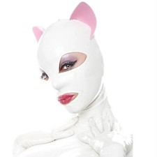 Rubber Latex Pink Cat Ears Hood Mask,White Latex Hood Mask with Back Zipper