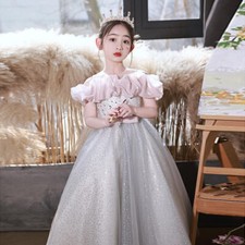 Girls Kids Show Long dress Mesh Bling Ball Gown Princess Party Frock 05791