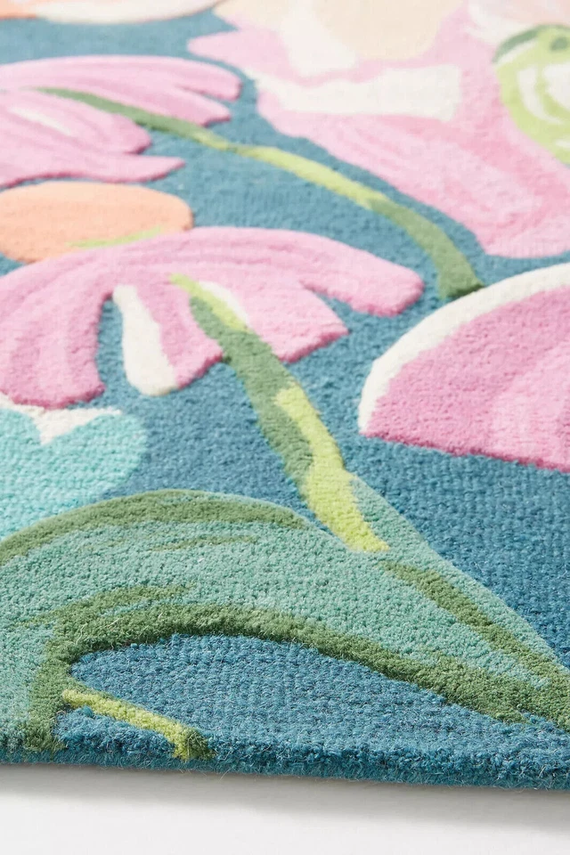 Alfombra hecha a mano floral azul marino 100 % lana acolchada a mano bucle pila alfombra para pasillo cocina Foto 2 de 4