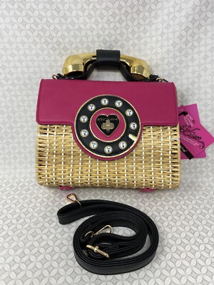 Betsey Johnson Wicker Phone Purse Bag Call Me Pink
