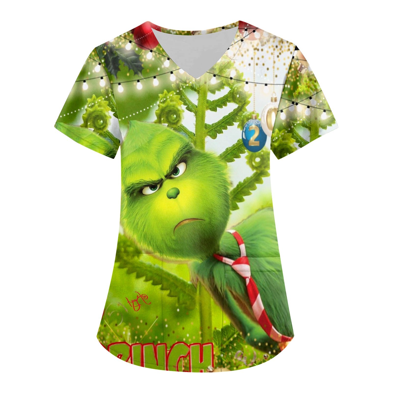 Womens Christmas Grinch Scrubs Tops Plus Size Short Sleeve V Neck