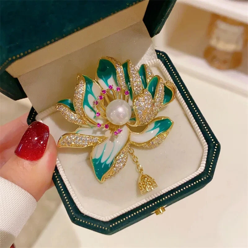 Broche prendedor flor loto cristal circón de lujo perla joyería de acción de gracias regalo Foto 3 de 4