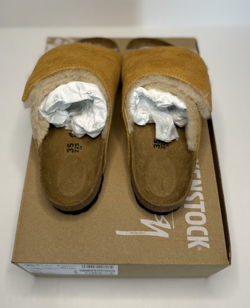 STUSSY Birkenstock Suede Shearling Slide Caramel Men Solana