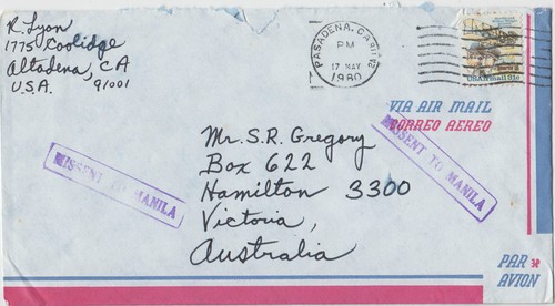 Stamp 1980 USA on airmail cover to Australia Missent to Manila Philippines - 第 1/1 張圖片