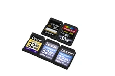 Lot of 5 SD SDHC 32GB Memory Cards Lexar Transcend Sony