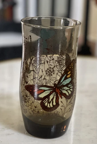 Vintage Anchor Hocking Smoke Brown Glass Butterfly Garden Tumbler Thick Bottom