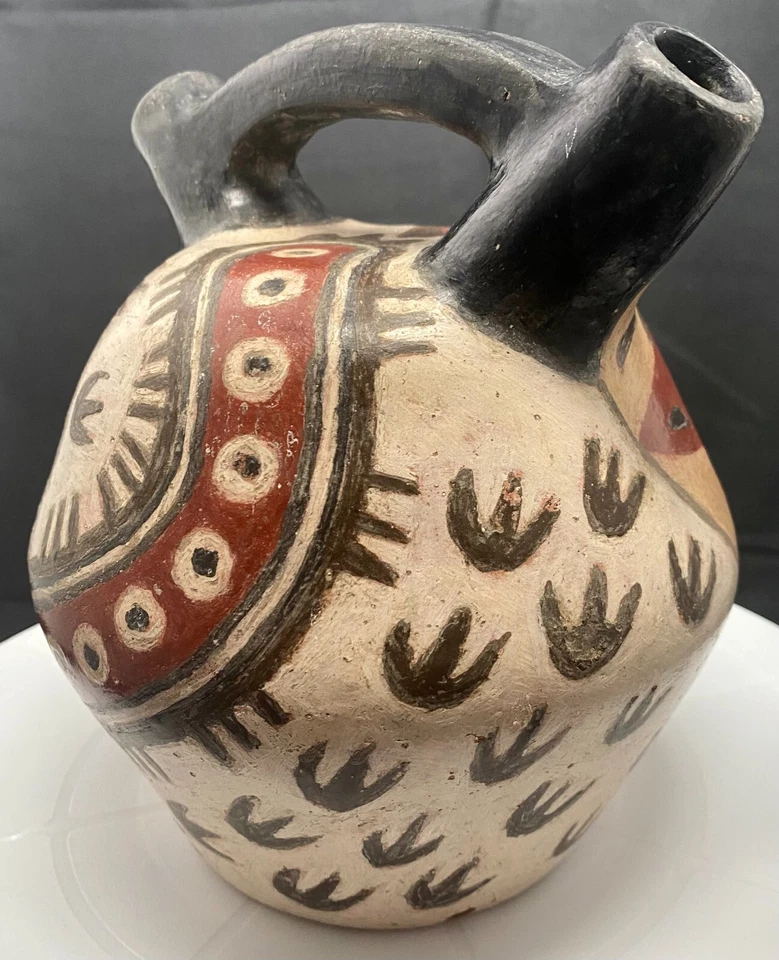 JARRÓN POLICROMADO DOBLE CALABAZA DECORADO CON CABEZA DE TIGRE Y HUELLAS bueno Foto 3 de 4