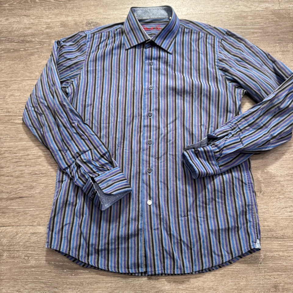 Robert Graham Shirt Youth Large 14-16 Pruple Stripe Preppy Flip Cuff Boys Casual - Image 3 of 4