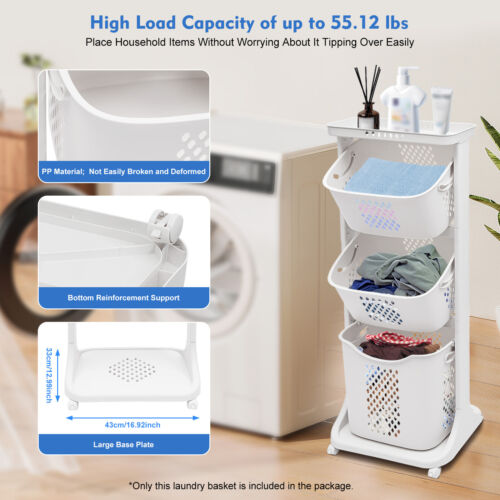 Laundry Basket Clothes Washing Storage Hamper Bin Wheeled , 3 Tier Shelf Rolling - Picture 1 of 9