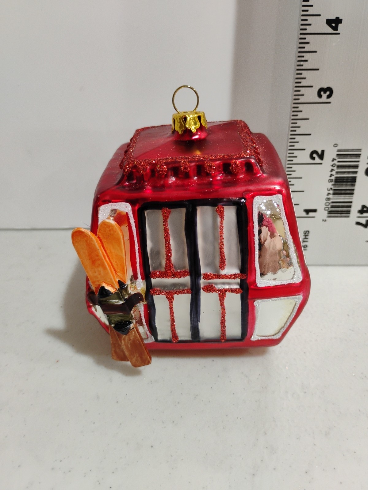 Mountain Bliss Ski Gondola Blown Glass Christmas Ornament Resin Skis