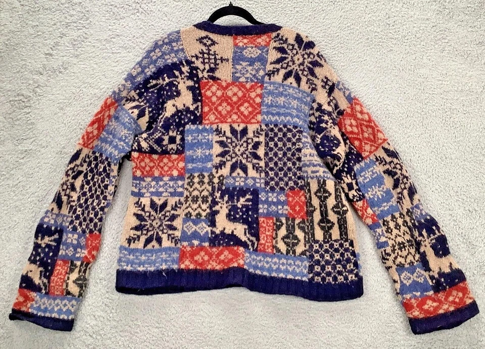 Fair Isle Reindeer Sweater Mens Large Blue Red Patchwork Crewneck Nordic - Image 2 of 4
