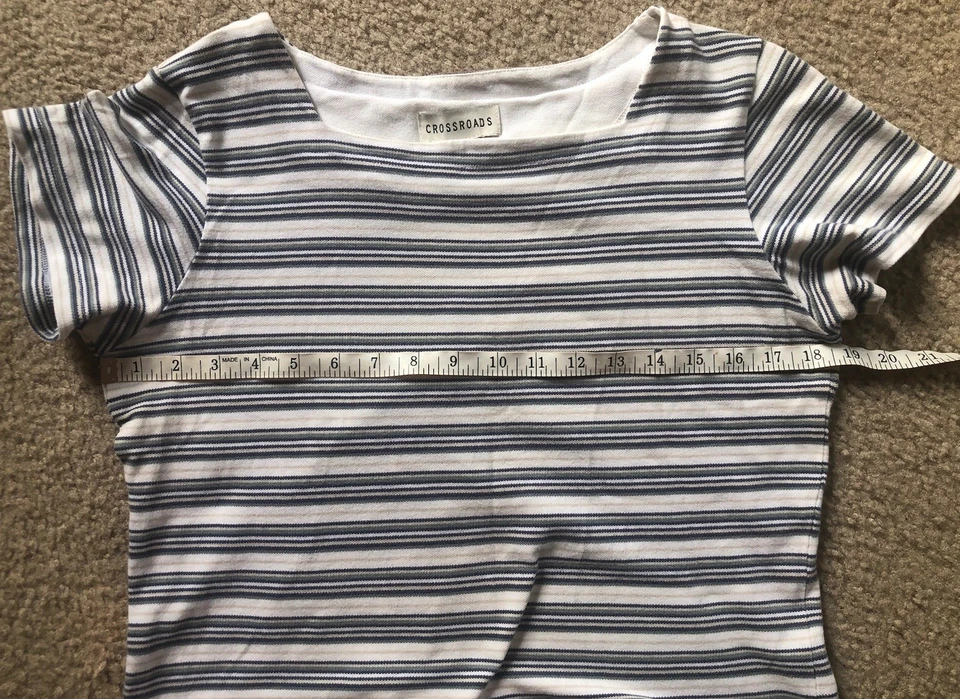 De Colección Crossroads Med Tejido Algodón Corto Slv Azul Blanco Rayas Cuello Cuadrado Costero Años 90 Foto 3 de 4