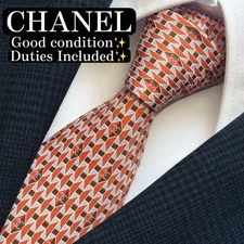 CHANEL Silk Tie Orange Blue Geometric Coco Mark Made in Italy 9.5cm Good
