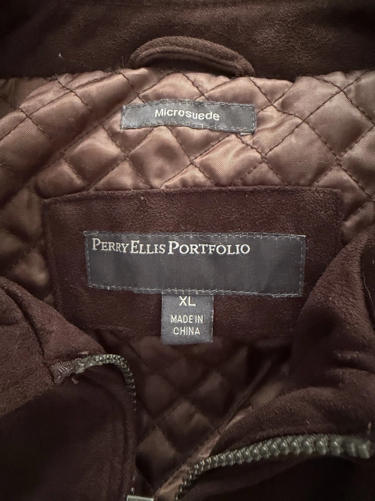 Perry Ellis Portfolio Microsuede Bomber Jacket Brown XL Quilted Lined Zip/Button image 2