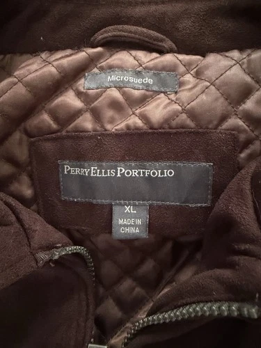 Perry Ellis Portfolio Microsuede Bomber Jacket Brown XL Quilted Lined Zip/Button image 2