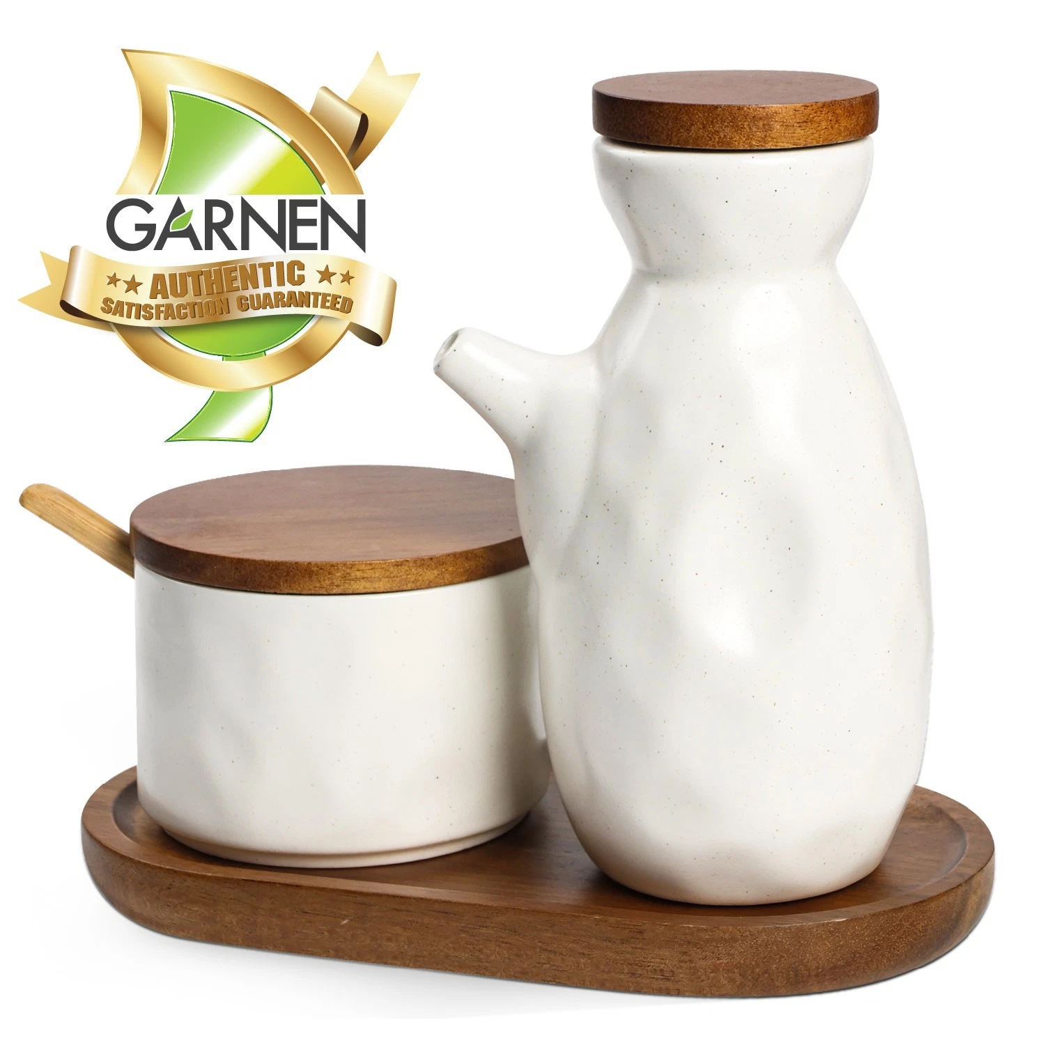 Garnen Soy Sauce Dispenser Bottle Ceramic Spice Jars Set with Wooden Tray