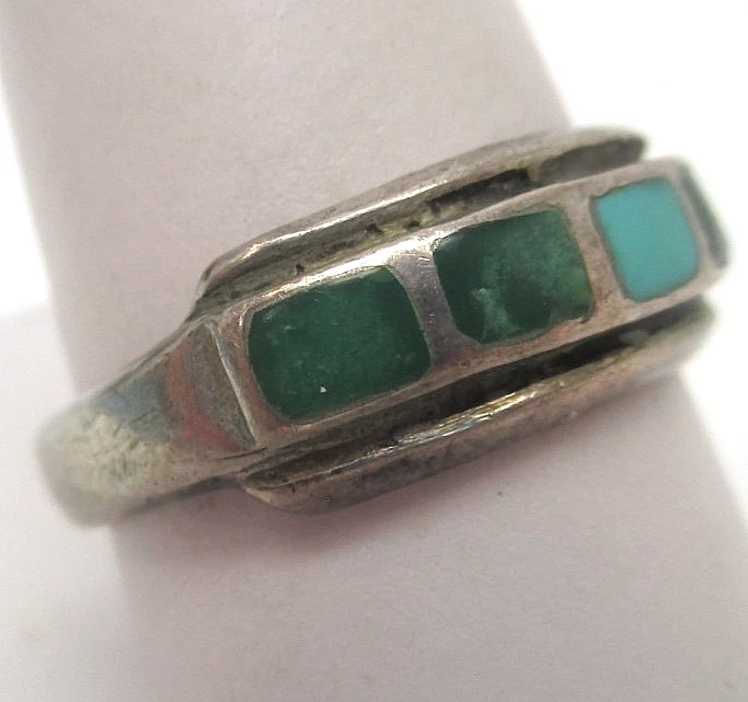 Кольцо раннего навахо из чистого серебра с инкрустацией зеленой бирюзой размер 10,5 - Изображение 2 из 4