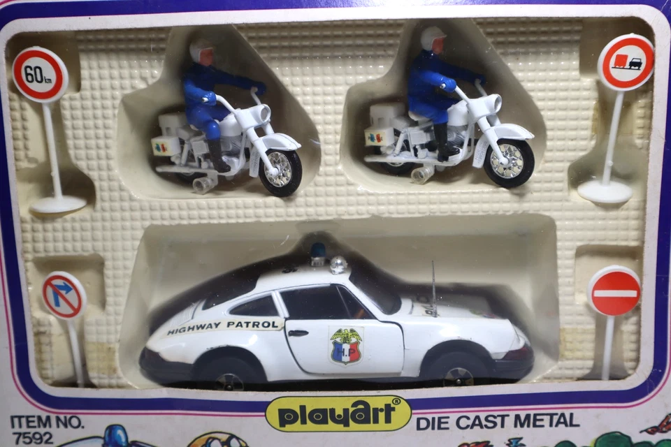Vintage Playart Highway Patrol Set Porsche Police Car & 2 Harley Motorcycles MIB - Image 2 of 4
