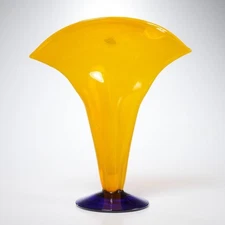 Blenko Hand Blown Art Glass Vase Yellow Cobalt Blue Pontil Mark 13.25"h