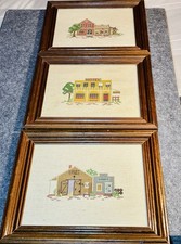 Lot Of 3 VTG Framed Cross Stitch Town Scene Wood Frames 12.5 X 10.5 Each