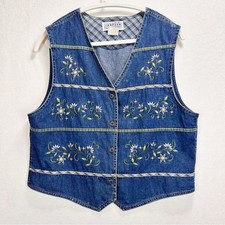 Vintage Denim Vest Floral Embroidered Cottagecore Western Button Front Prairie