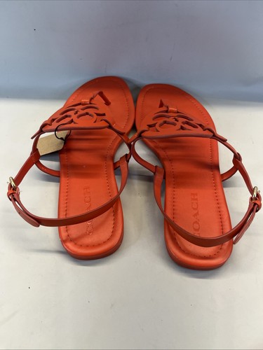 Coach Jaci Logo Slingback Women's Sz 9 Mango Leather T-strap Flat Sandals - Picture 5 of 12