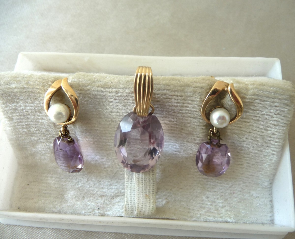 Antique Amethyst Seed Pearl Gold Earrings Vintage 14k real solid gold Pearl amethyst Earrings​​​​ main image 1
