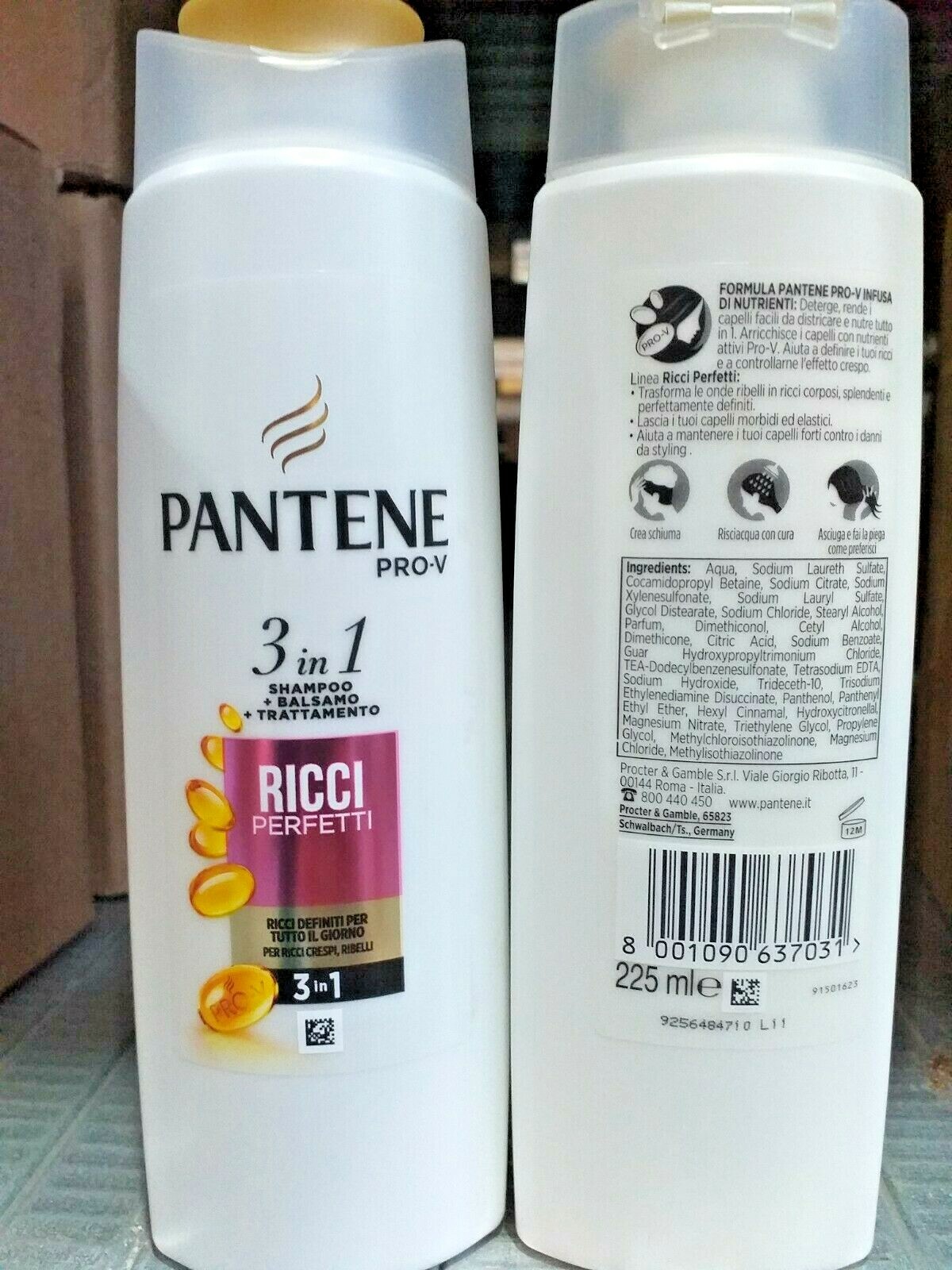 12 pz Pantene Pro-v Shampoo + Balsamo + Trattamento 3 in 1 Ricci Perfetti 225ml