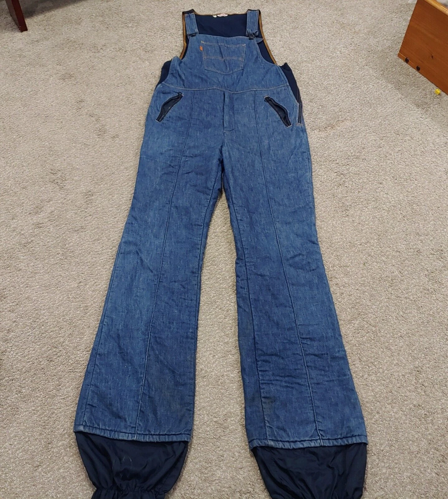Vintage 70's Levi Orange Tab Overalls Lined Snow Size XL 34" inseam Bell Bottoms