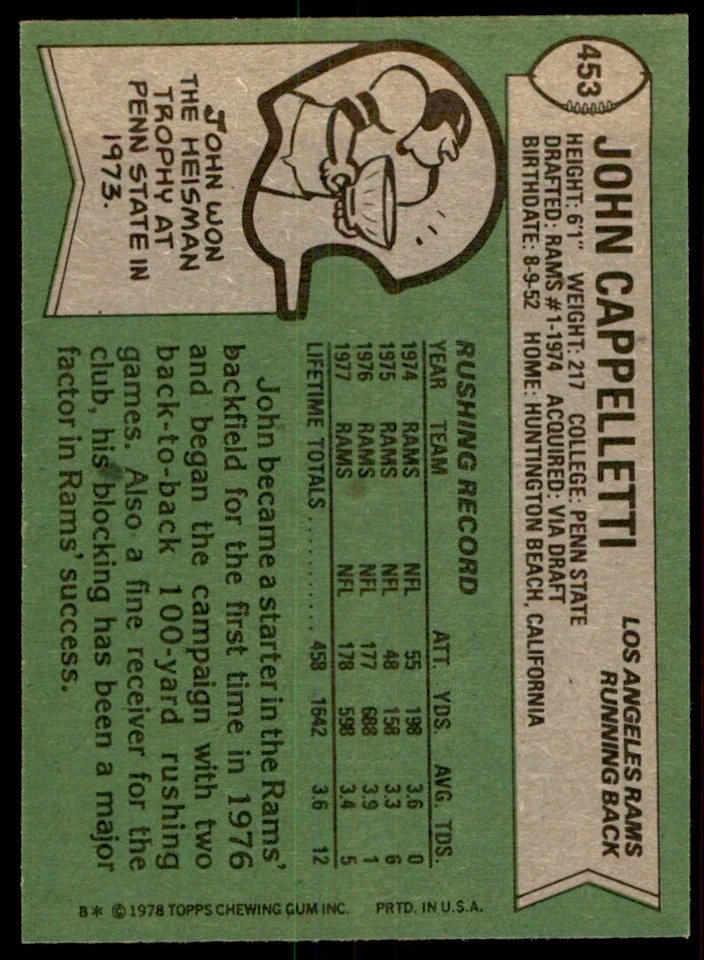 1978 Topps John Cappelletti b Los Angeles Rams #453 - Image 2 of 2
