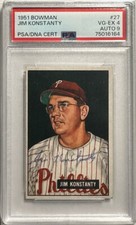 1951 Bowman #27 Jim Konstanty PSA 4 Auto 9 Signed PSA DNA (D. 1976) RARE AUTO!!