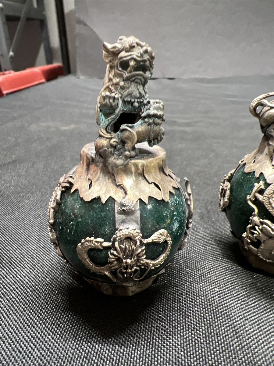 Chinese Set Of Tibet Silver Dragon Jade Ball Foo dogs Lion | eBay