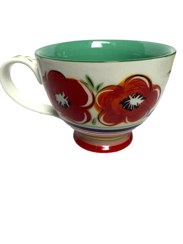 Potters Studio Gorgeous Pedestal Coffee Mug Cup Colorful Flowers Red Blue 14 oz