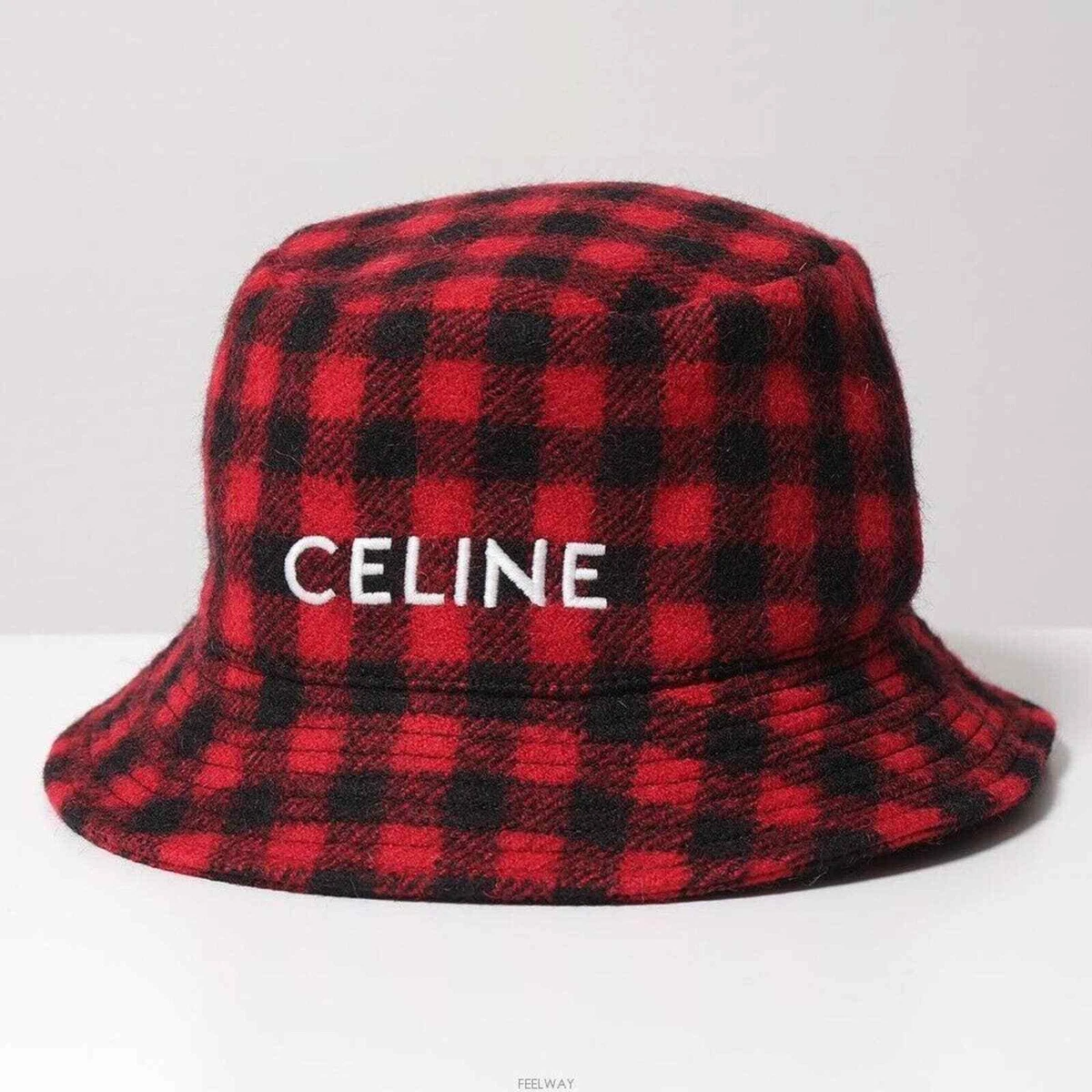 Celine Paris Black Red Checkered Check Wool White Logo Sun Fall Bucket Hat XS