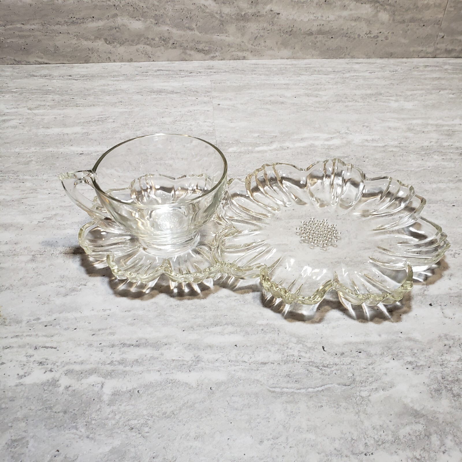 Garden Club by Colony Clear Glass Snack Cup and Plate Set Vintage Flower Design