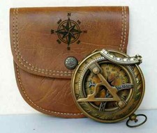 Nautical brass Sundial pocket Compass with leather case vintage gift