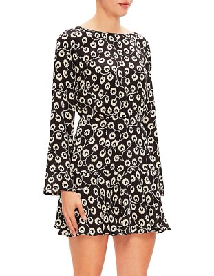 RIXO Mini Dress Silk Crepe Black & White Floral Print Flared Scoop Back  Size S | eBay