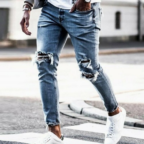 Pantalones Vaqueros Ajustados Para Hombres Moda Rotos Destrozados Moda  Elegante | eBay