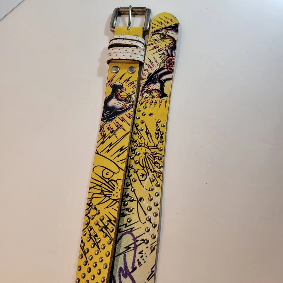 Cinturón Ed Hardy Por Christian Audigier Cuero Tachonado Pantera Amarilla Talla S EH3255 Foto 3 de 4