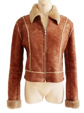 Ladies Short Zipped Artificial Fur Sheepskin Synthetic Shearling Jacket Uk 10/12