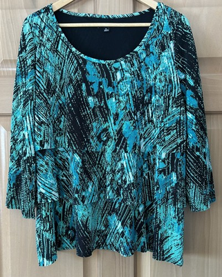 #ad Notations Tunic Women’s XL Teal Black 3 4 Bell Sleeve Raw Hem Pullover Top $10.99