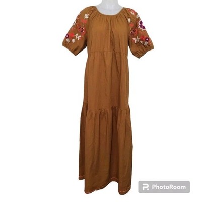 Anthropologie Let Me Be Sz S Brown Motif Embroidered Floral Maxi Dress Cotton