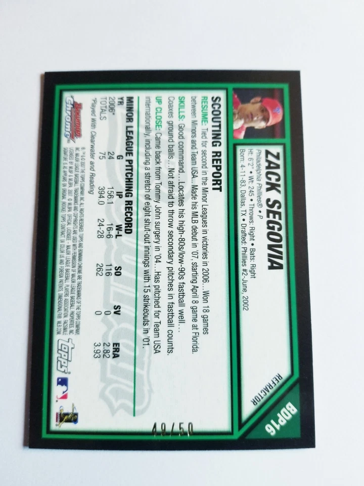 ZACH SEGOVIA 2007 BOWMAN CHROME DRAFT RC GOLD REFRACTOR #49/50 PHILLIES #BDP16 - Image 2 of 4