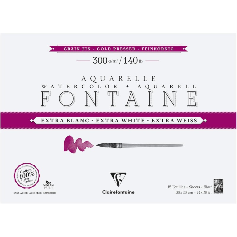 Bloc peinture aquarelle grain fin 26x36cm Clairefontaine Fontai 300g